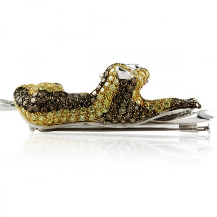 White Yellow And Brown Diamond 18K White Gold Large Brooch Pin