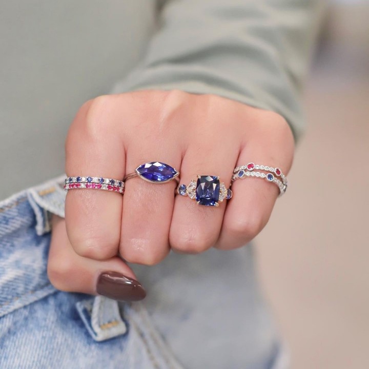 Bezel Set Sapphire and Pave Diamond Eternity Band front view