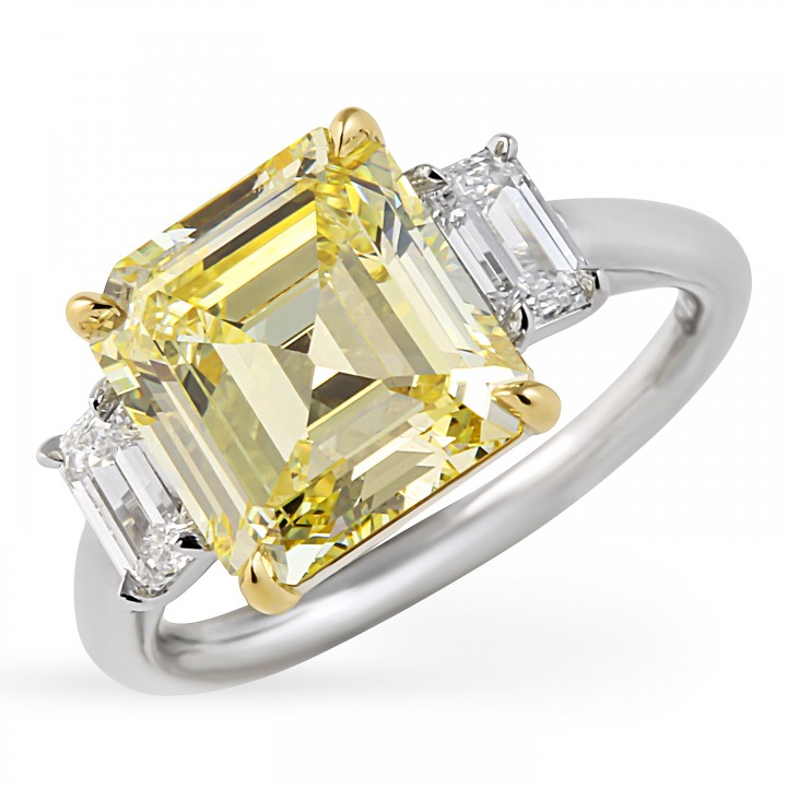 3.5 carat Yellow Asscher Cut Diamond Three-Stone Ring angle