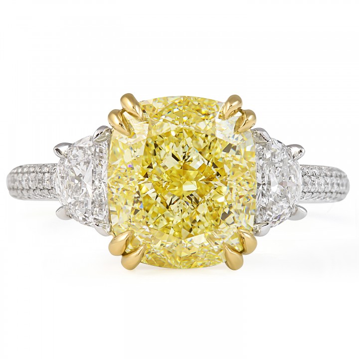 4.41 carat Yellow Cushion Cut Diamond Three-Stone Ring flat