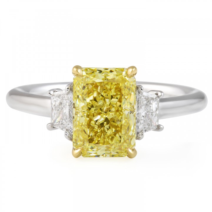 2.02 carat Radiant Cut Fancy Yellow Lab Diamond Three-Stone Ring