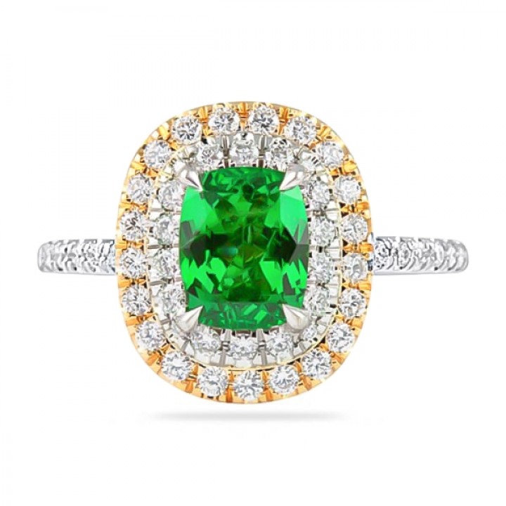 Tsavorite and Diamond Two Tone Double Halo Ring flat