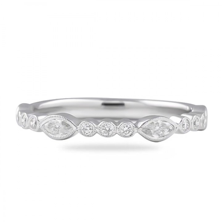 Marquise and Round Diamond Bezel Set Wedding Band flat