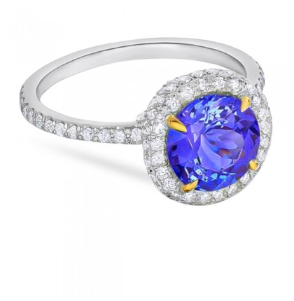 Round Tanzanite and Diamond Halo Ring flat