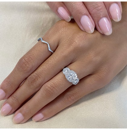 0.92ct Round Diamond Three-Stone Halo Engagement Ring flat