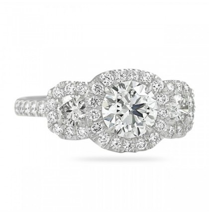 0.92ct Round Diamond Three-Stone Halo Engagement Ring flat