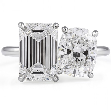 2.77 carat Emerald Cut & 2.02 Cushion Lab Diamond Duo Ring flat