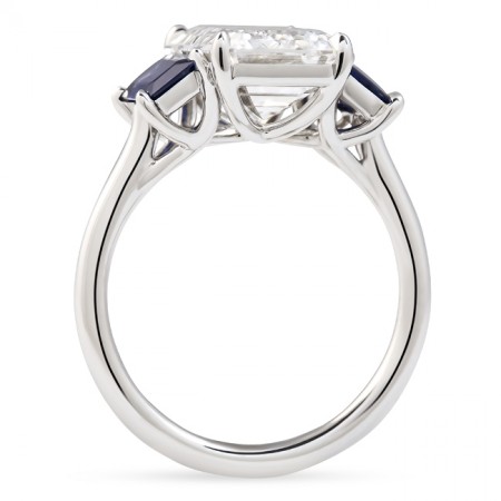 3.88 carat Emerald Cut Lab Diamond and Sapphire Three-Stone Ring flat