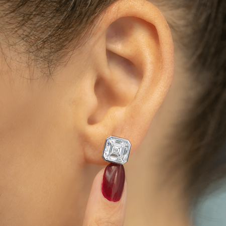 6 carat TW Asscher Cut Bezel Lab Grown Diamond Studs flat