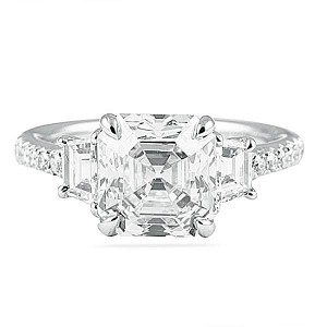 Asscher cut with trapezoid side diamonds custom three stone ring