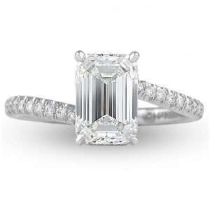 1.92 carat emerald cut diamond platinum swoop design engagement ring 