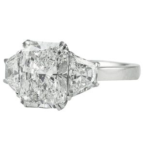 2.60 carat radiant cut diamond three stone engagement ring wide trapezoid cut side diamonds