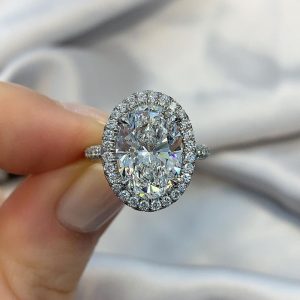 custom oval diamond double edge halo three-row pave band engagement ring